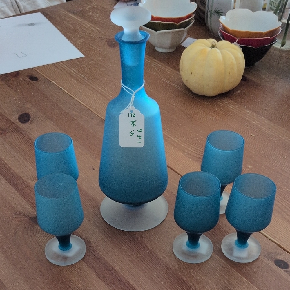 Blue Frosted Glass Decanter Set